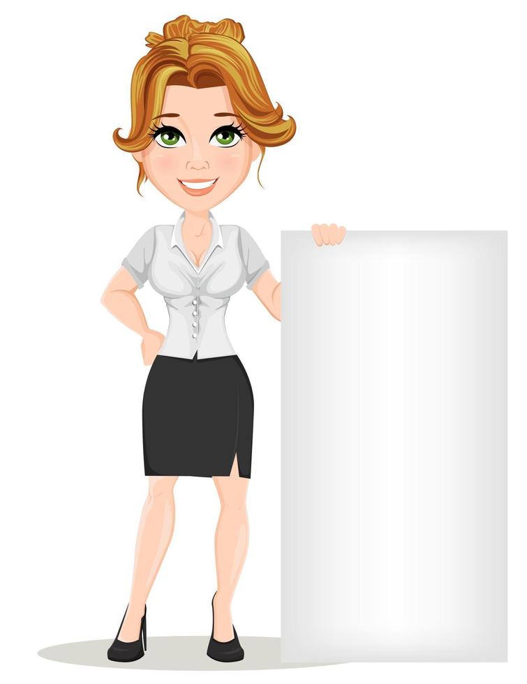 personaggio dei cartoni animati di bella donna d'affari in piedi vicino a cartello bianco vettore