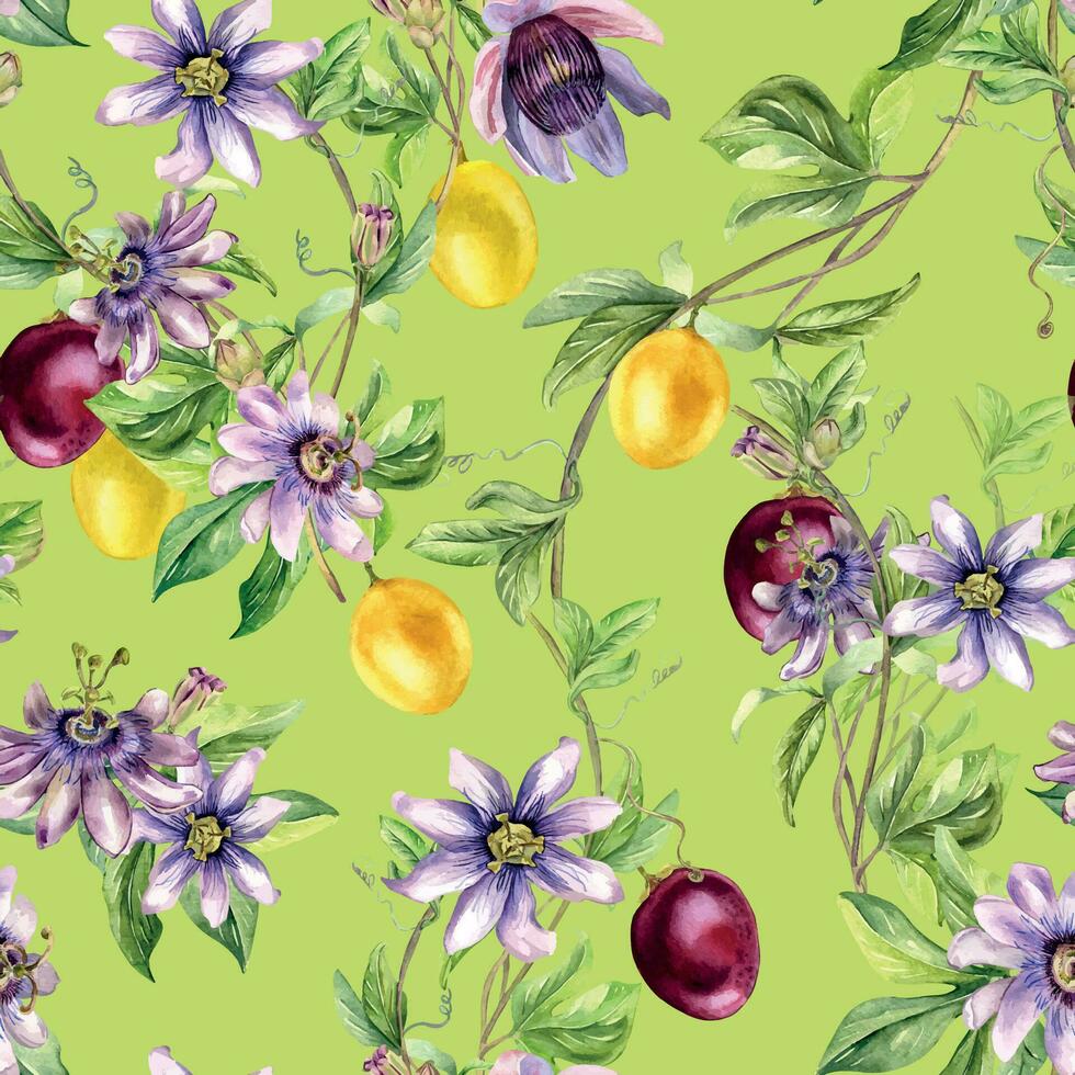 passione fiore pianta e frutta acquerello senza soluzione di continuità modello isolato su verde. blu tropicale pianta, maracuja mano disegnato. design per tessile, tessuto, stoviglie, confezione, avvolgere, sfondo, carta vettore