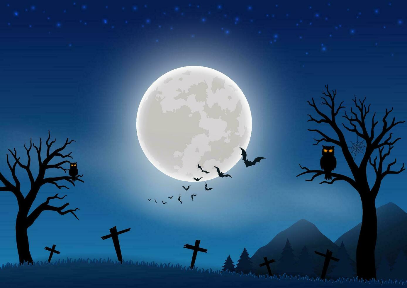 contento Halloween celebrare tema su notte scena sfondo con pieno luna, pipistrello e cimitero vettore