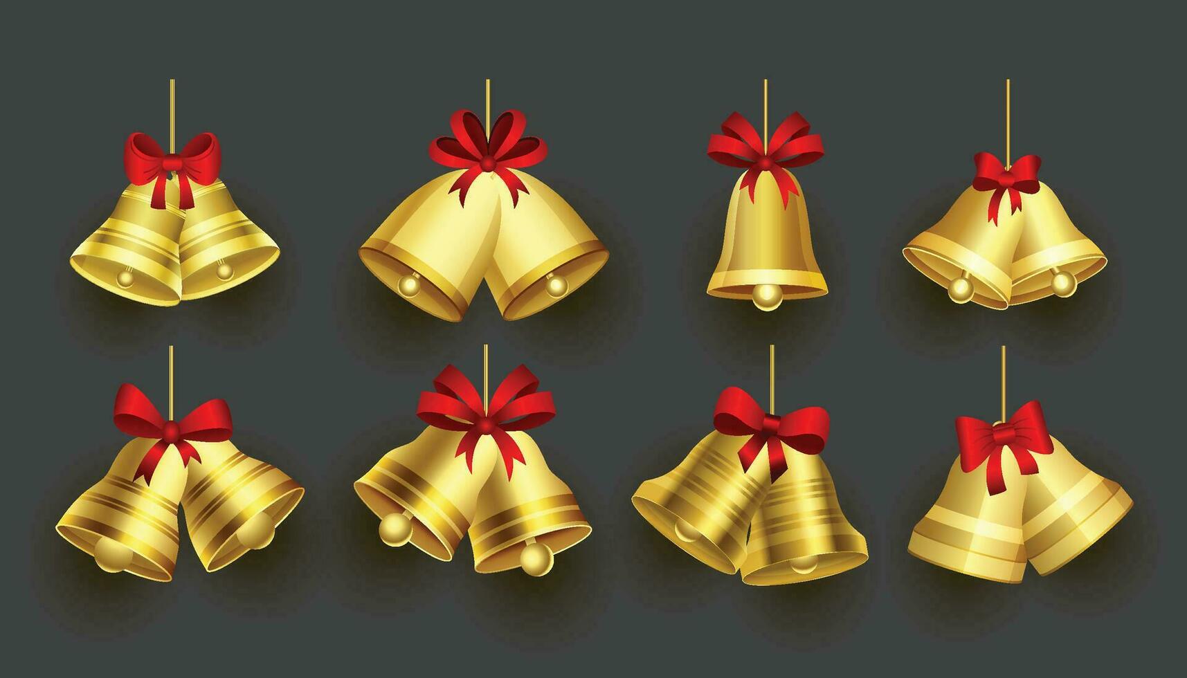 Natale campane impostare. nuovo anno cartone animato decorazione fiocchi e agrifoglio. vacanza d'oro metallo campane collezione. piatto design elementi. isolato vettore illustrazione