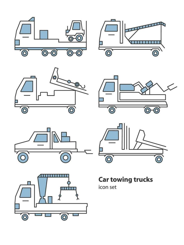 auto rimorchio camion ciglio della strada assistenza. vettore linea arte illustrazione per icona, logo. evacuatori auto impostato isolato su bianca sfondo.