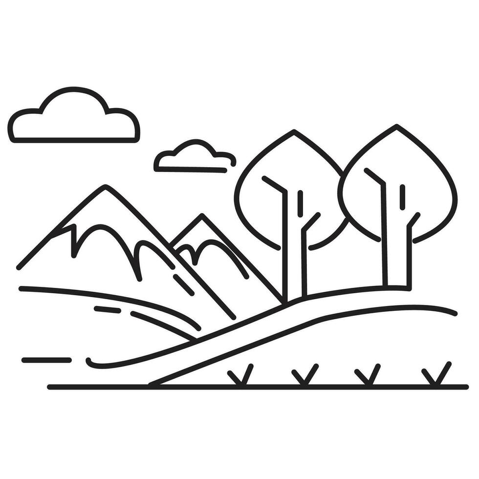 un' linea disegno di un' montagna paesaggio con alberi e un' strada vettore