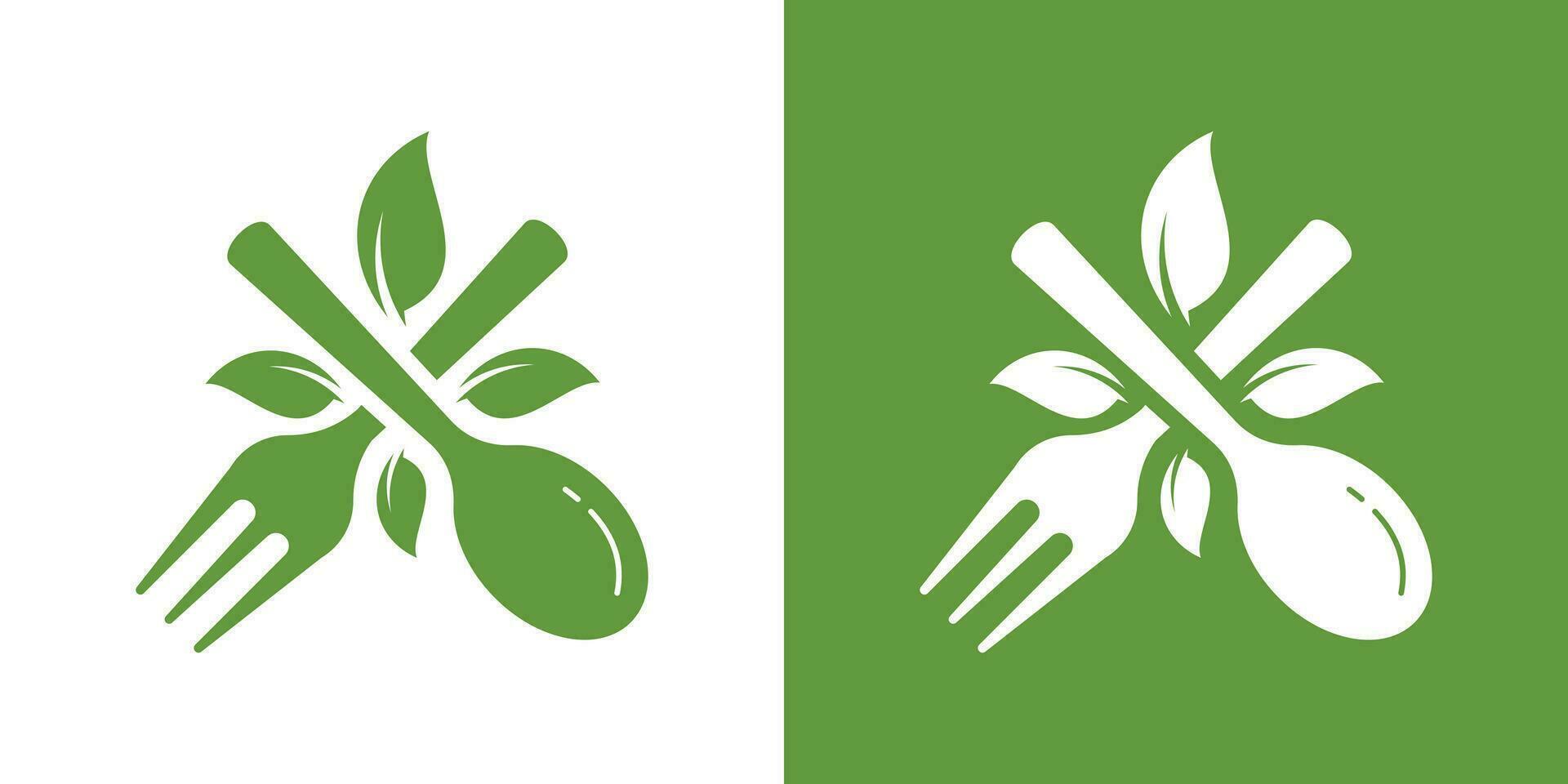 forchetta cucchiaio elemento logo design combinato con le foglie vettore