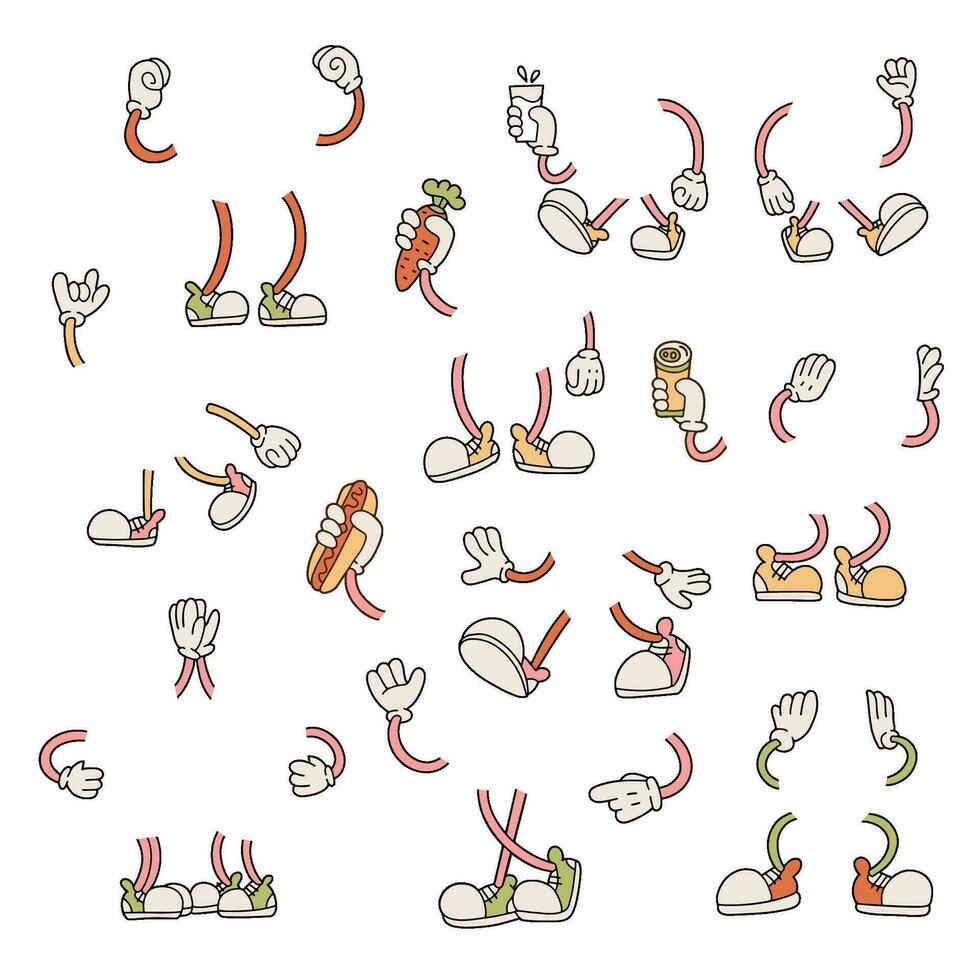 retrò cartone animato mani e gambe grande impostare. carino 30-60 anni Vintage ▾ animazione piedi nel scarpe da ginnastica e mani nel guanti personaggi corpo parti, semplice divertente gesti. vettore portafortuna gamba e calzature illustrazione