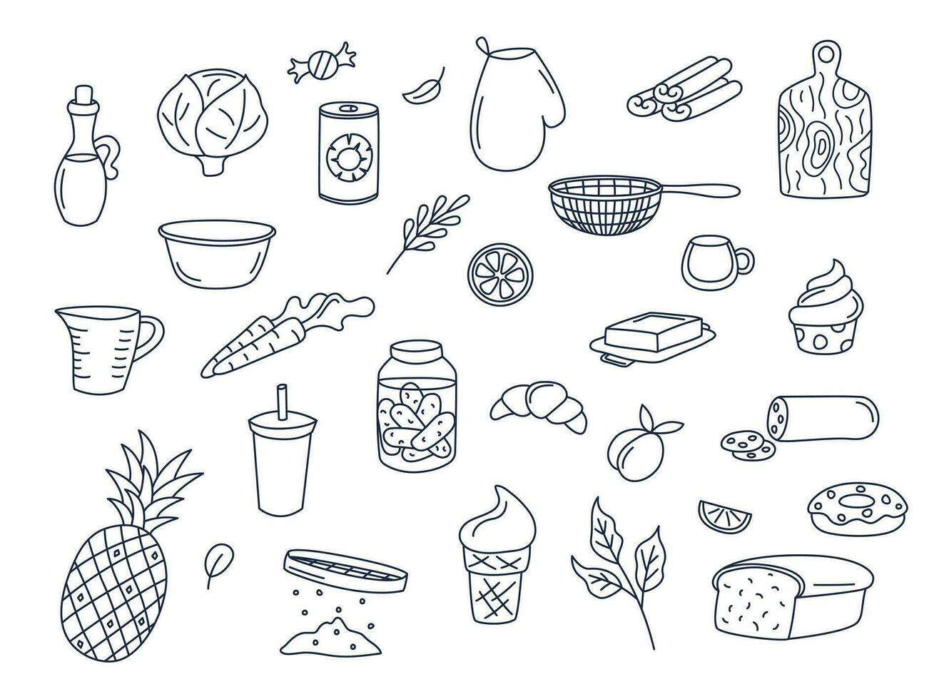 cucinando scarabocchi vettore impostato di isolato elementi. carino scarabocchio illustrazioni collezione di utensili, stoviglie, cibo, pasto ingredienti, cucina oggetti. frutta, la verdura, forno su bianca sfondo