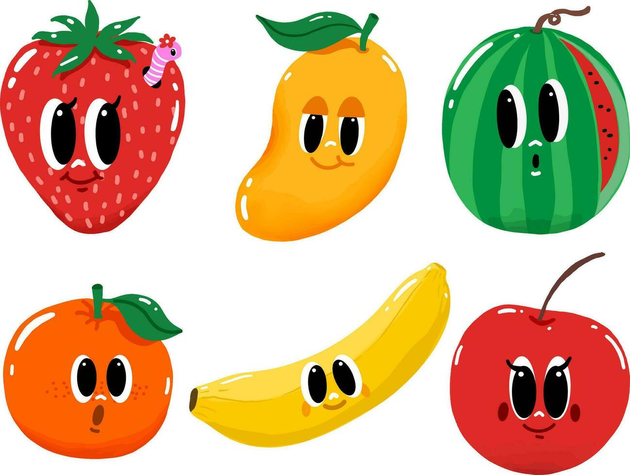 cartone animato frutta personaggi, carino stile, frutta collezione, bambini cartone animato frutta, vettore cibo illustrazione