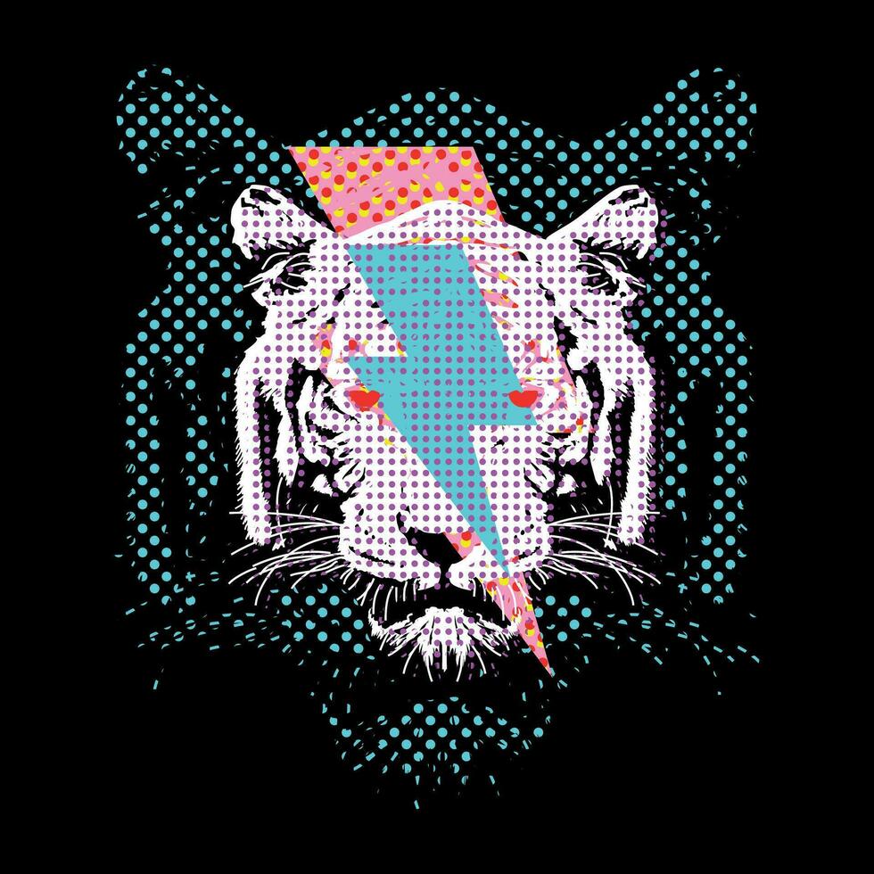 maglietta design di un' tigre testa con il simbolo di fulmineisolato su nero. arte pop per il tessile industria. vettore