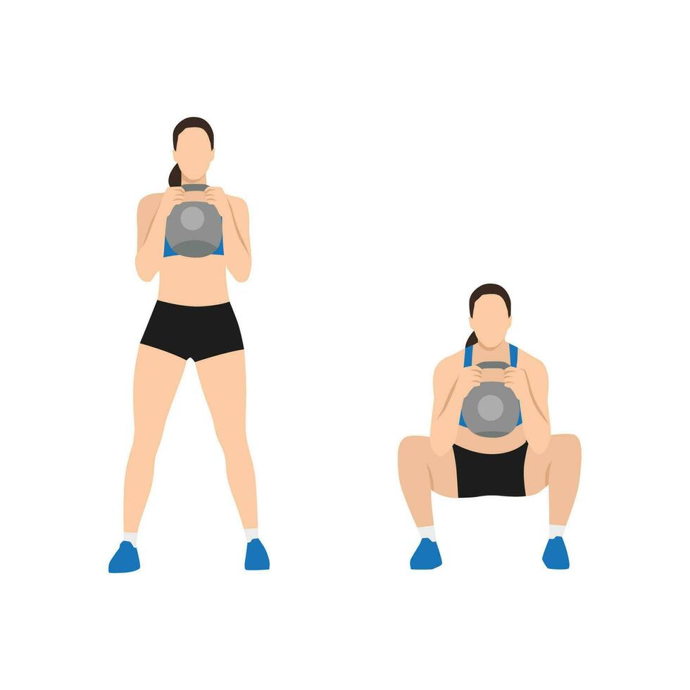 donna fare kettlebell calice tozzo davanti Visualizza esercizio. piatto vettore illustrazione isolato su bianca sfondo. allenarsi personaggio impostato