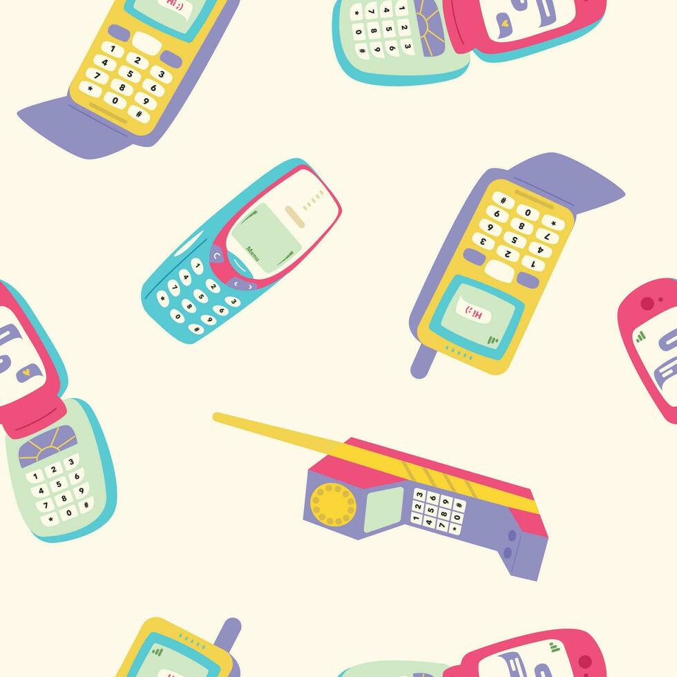 modello con retrò mobile Telefono dispositivi. mobile telefoni con pulsanti. carino e elegante a partire dal anni 90. mano disegnato vettore illustrazione. Vintage ▾ elettronica. Flip Telefono