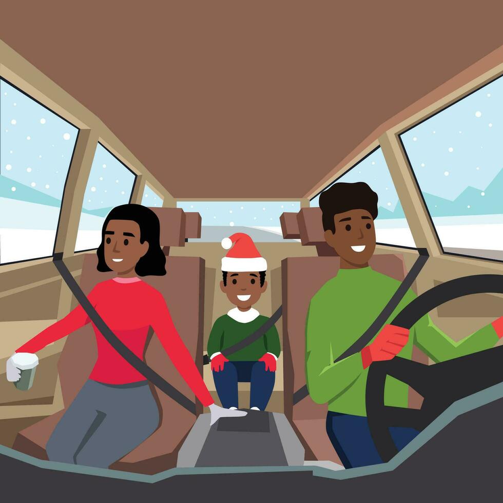 famiglia che guida per un viaggio su strada. vista dall'interno dell'auto con padre, madre e il loro figlio seduti felicemente indossando la cintura di sicurezza in un giorno di natale vettore
