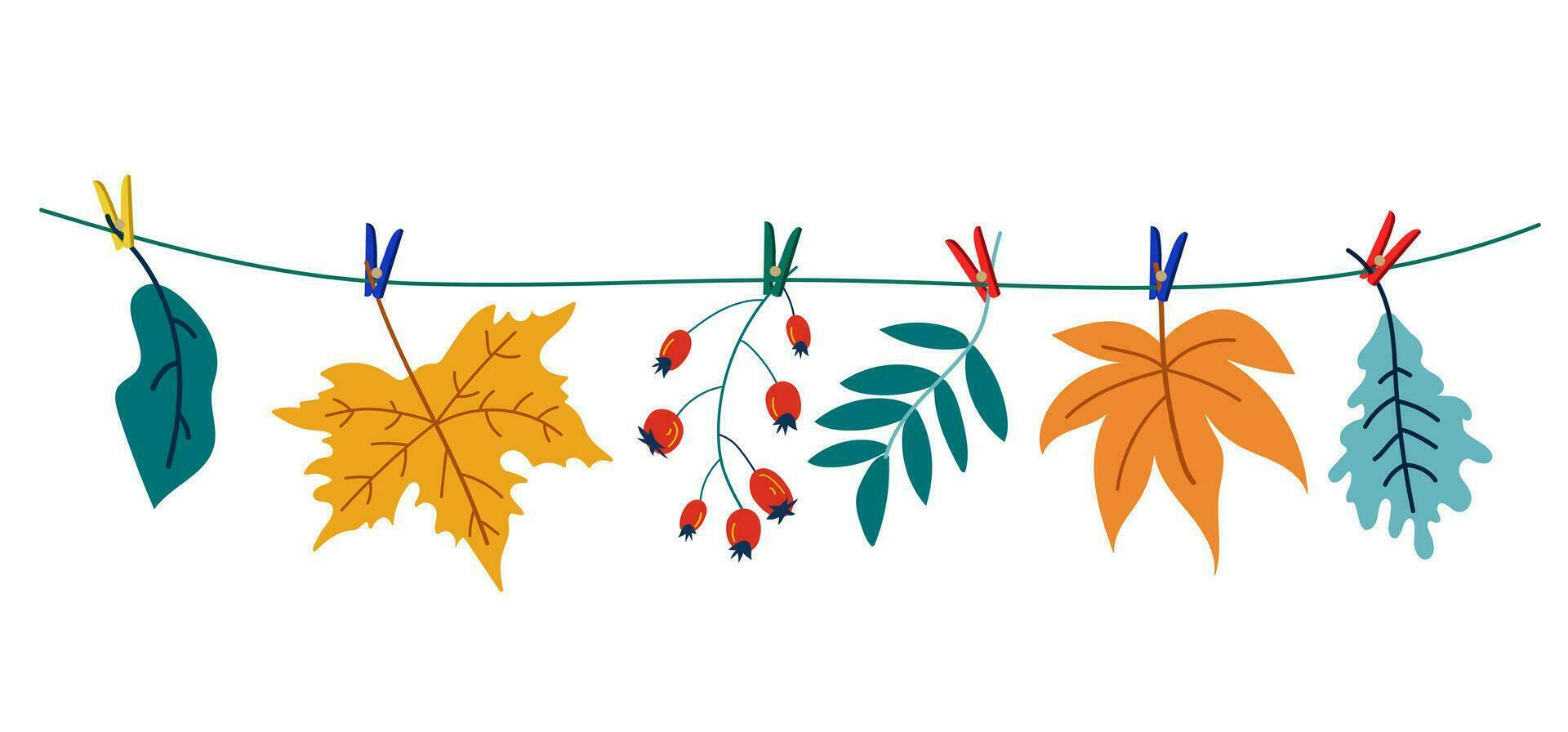 autunno le foglie sospeso su il corda allegato con molletta. vettore illustrazione isolato su bianca sfondo.