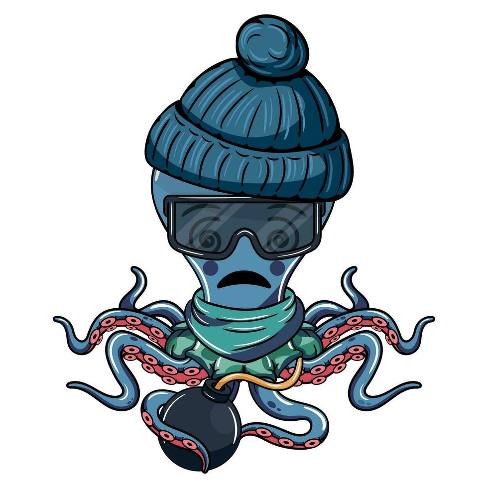 cartone animato personaggio di un' disorientato banda membro polpo con un' bomba nel il suo tentacolo. illustrazione per fantasia, scienza finzione e avventura i fumetti vettore