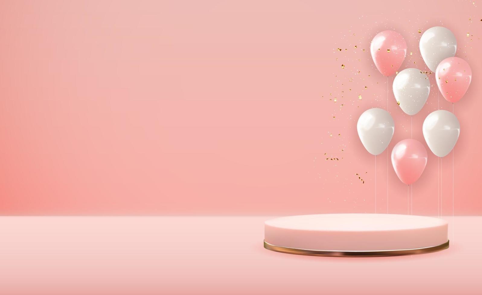piedistallo realistico in oro rosa 3d su sfondo naturale pastello rosa con palloncini festa. display podio vuoto alla moda per la presentazione di prodotti cosmetici, rivista di moda. copia spazio illustrazione vettoriale eps10