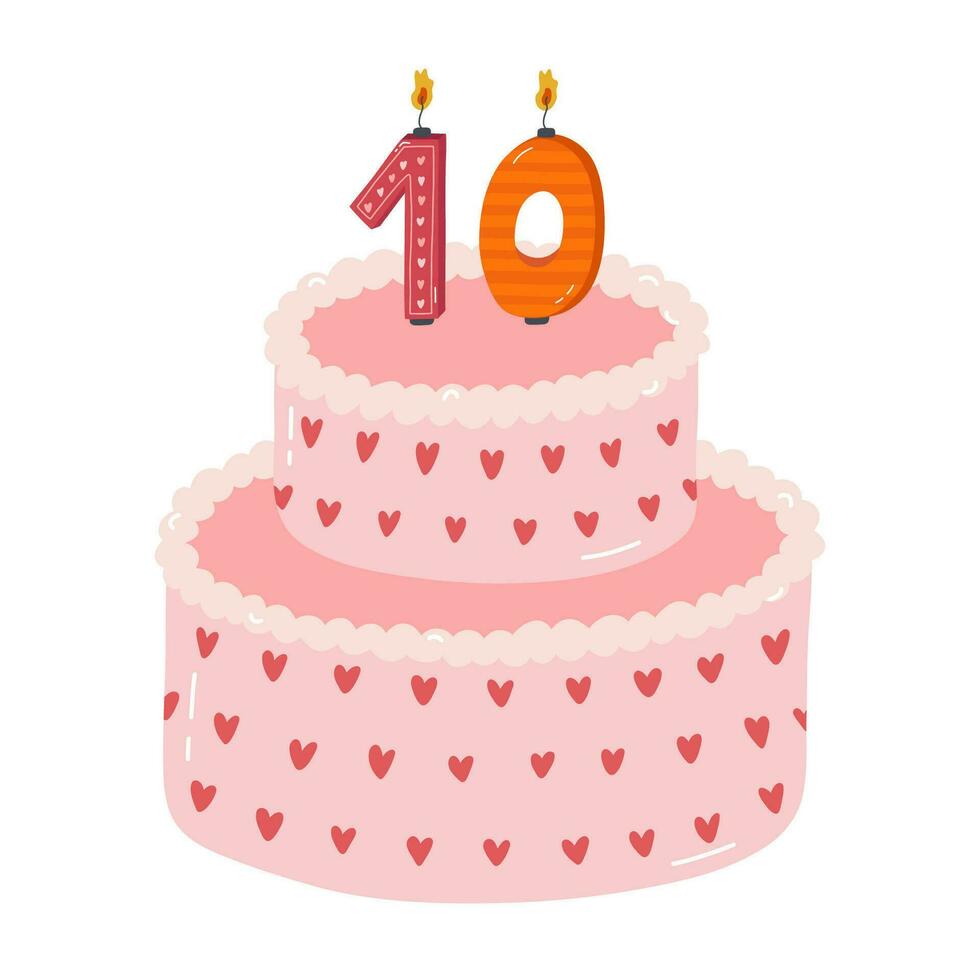 carino compleanno torta con ardente candele nel il modulo di numeri. dolce per celebrazione ogni anno di nascita, anniversario. stilizzato mano disegnato clipart di vacanza Cupcake nel il scandinavo stile vettore