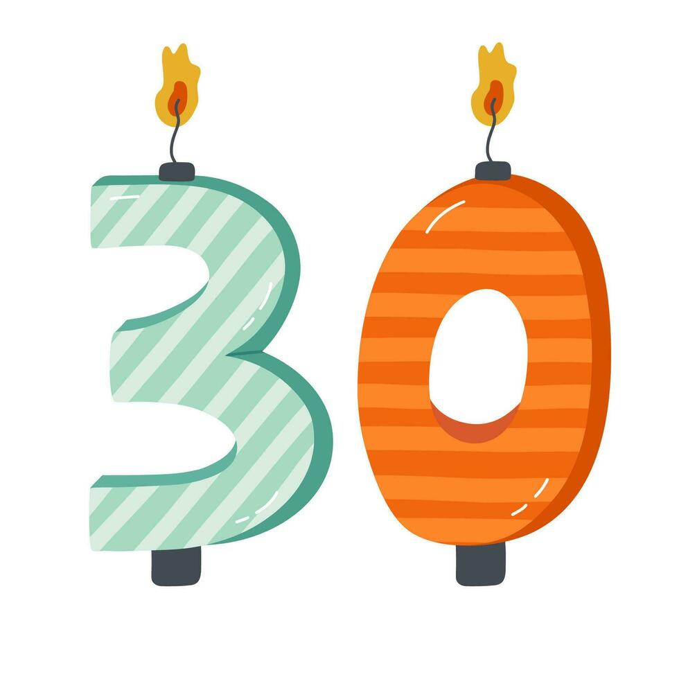 carino mano disegnato compleanno candela numeri con ardente fiamme nel scandinavo stile. decorazione per vacanza torta per celebrazione 30 anni anniversario di compleanno, nozze. stilizzato vettore clipart