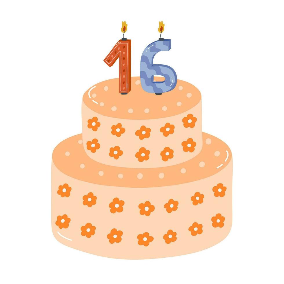 carino compleanno torta con ardente candele nel il modulo di numeri. dolce per celebrazione ogni anno di nascita, anniversario. stilizzato mano disegnato clipart di vacanza Cupcake nel il scandinavo stile vettore