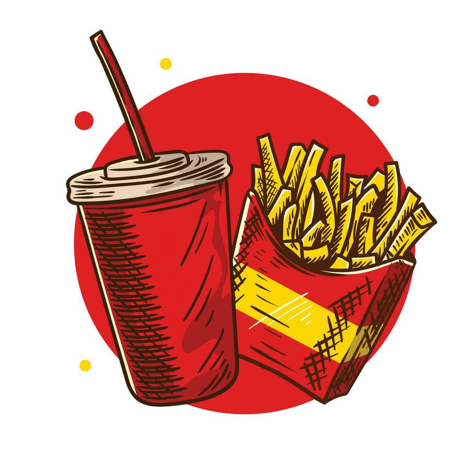 veloce cibo Coca Cola e francese patatine fritte mano disegnato illustrazione vettore
