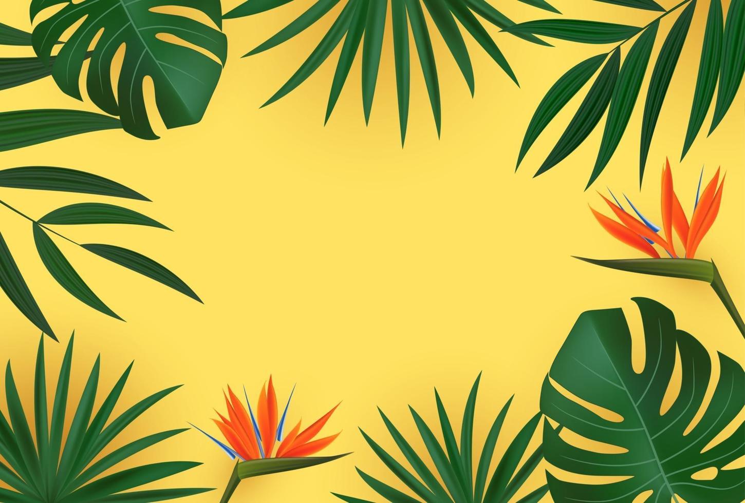 foglia di palma verde naturale realistico con sfondo tropicale fiore di strelitzia. illustrazione vettoriale eps10