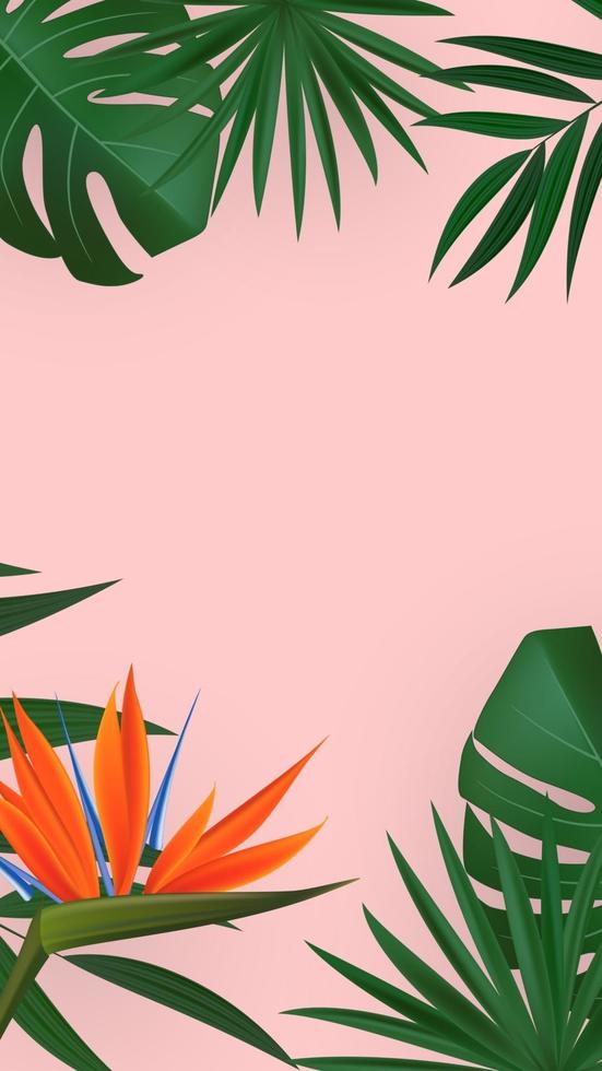 foglia di palma verde naturale realistico con sfondo tropicale fiore di strelitzia. illustrazione vettoriale eps10