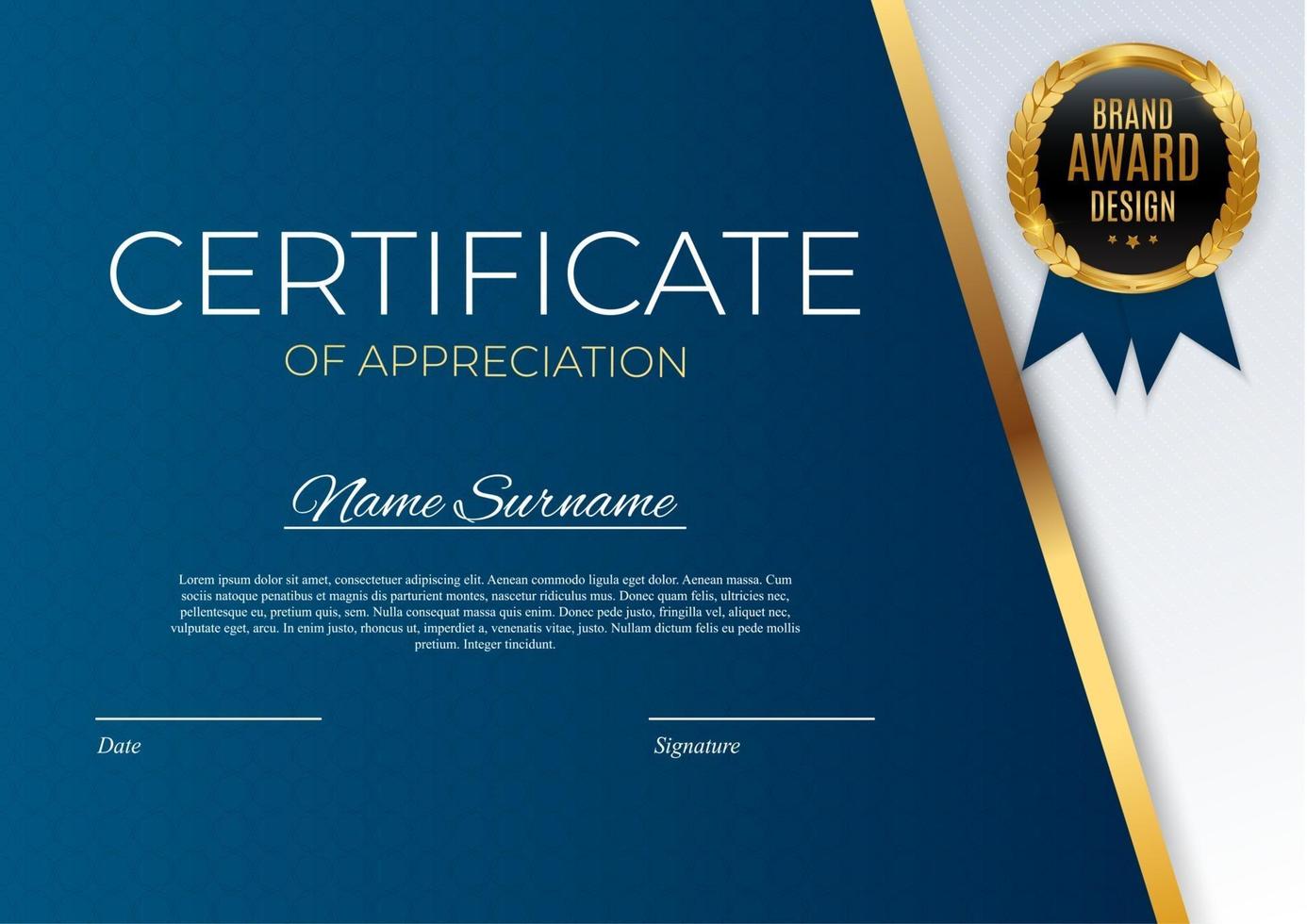 certificato blu e oro dello sfondo del modello di successo con distintivo e bordo oro. premio diploma design vuoto. illustrazione vettoriale eps10