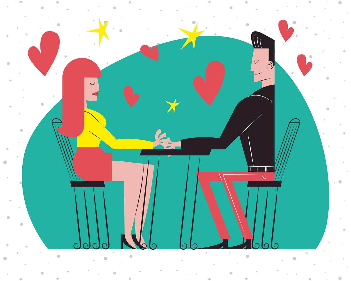 cartoni animati di coppia romantica al tavolo del ristorante con disegno vettoriale di cuori