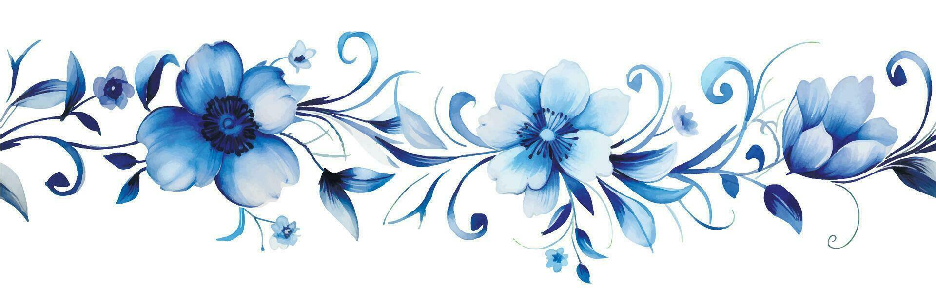 acquerello disegno, senza soluzione di continuità confine, telaio di blu fiori e le foglie. ornamento per porcellana, Vintage ▾ Stampa vettore