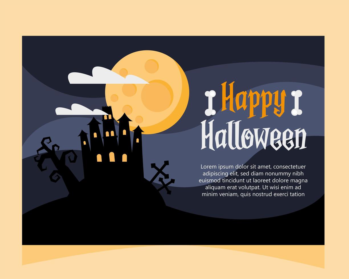 Happy Halloween lettering card con castello infestato di notte scena vettore