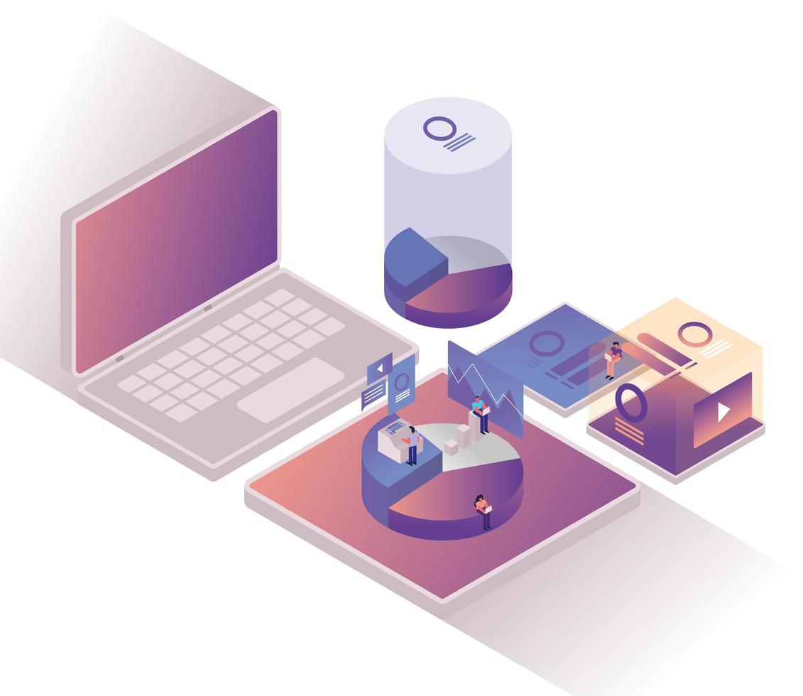 persone e grafici con statistiche a torta e laptop vettore
