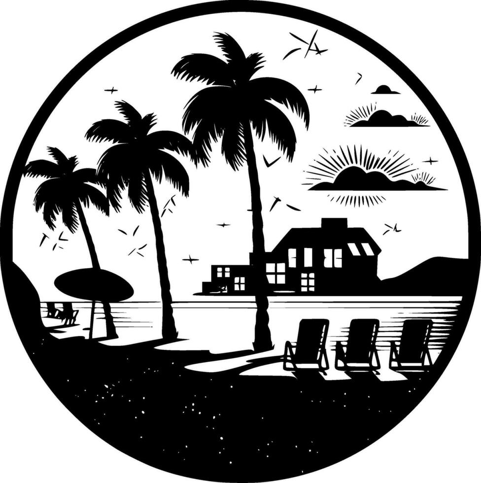 spiaggia - nero e bianca isolato icona - vettore illustrazione