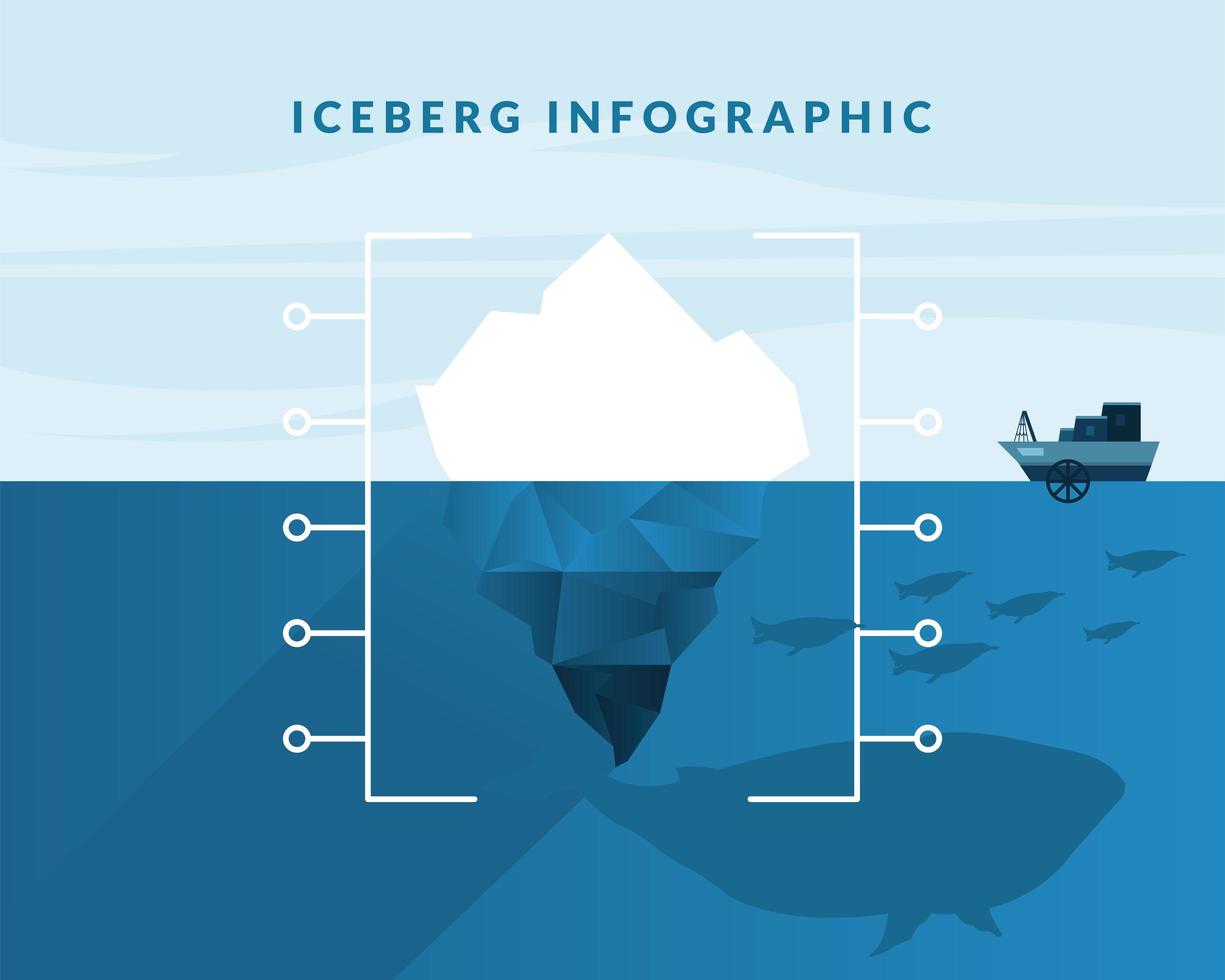 infografica iceberg con pinguini balena e disegno vettoriale nave