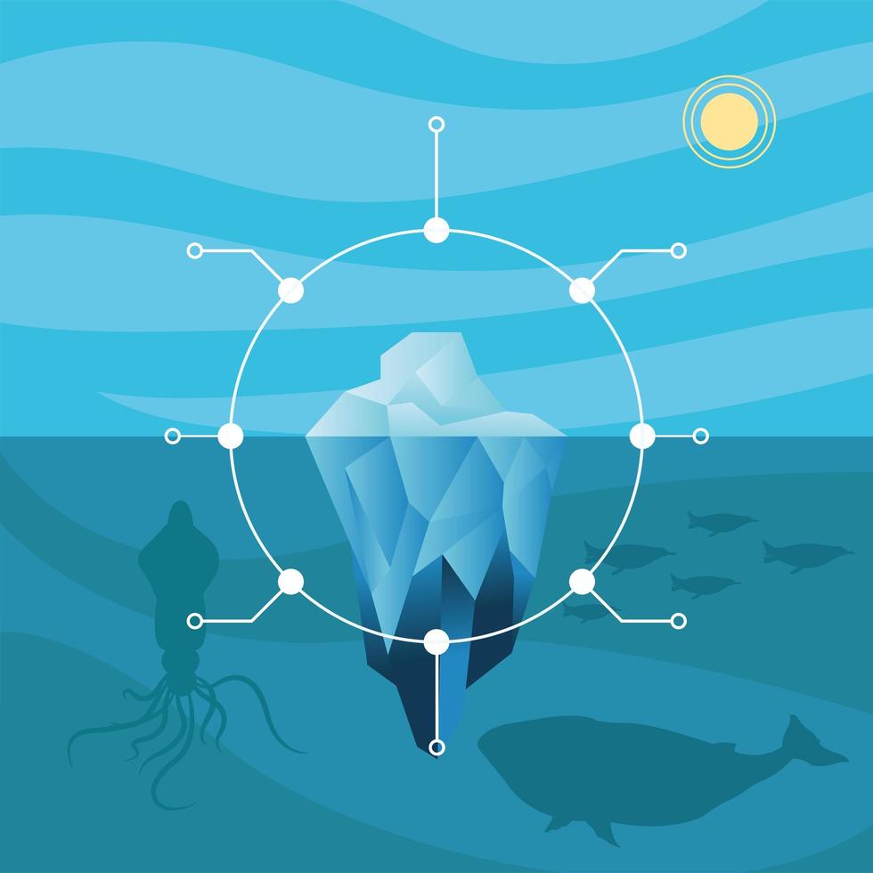infografica iceberg con sole balena polpo e pinguini disegno vettoriale