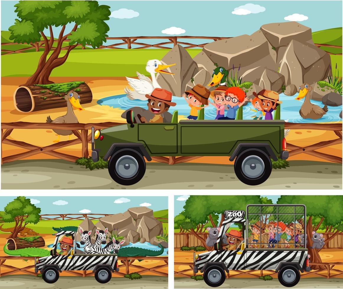 diverse scene di safari con animali e personaggi dei cartoni animati per bambini vettore