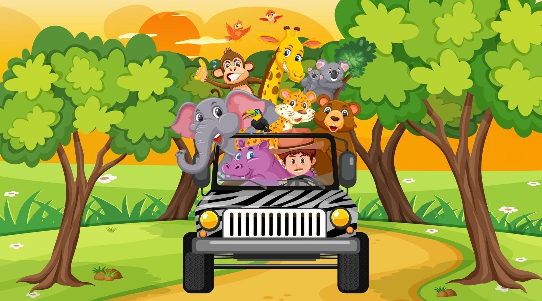 concetto di safari con animali selvatici nell'auto jeep vettore
