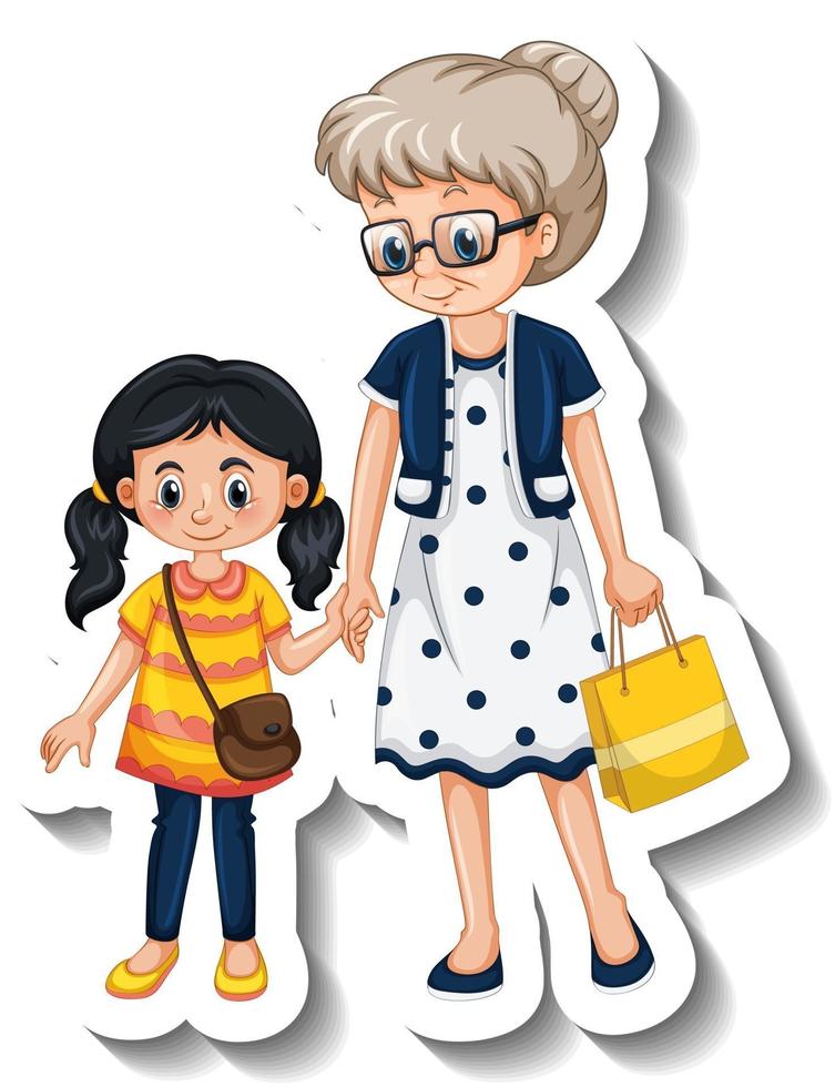un modello di adesivo con una nonna e sua nipote vettore