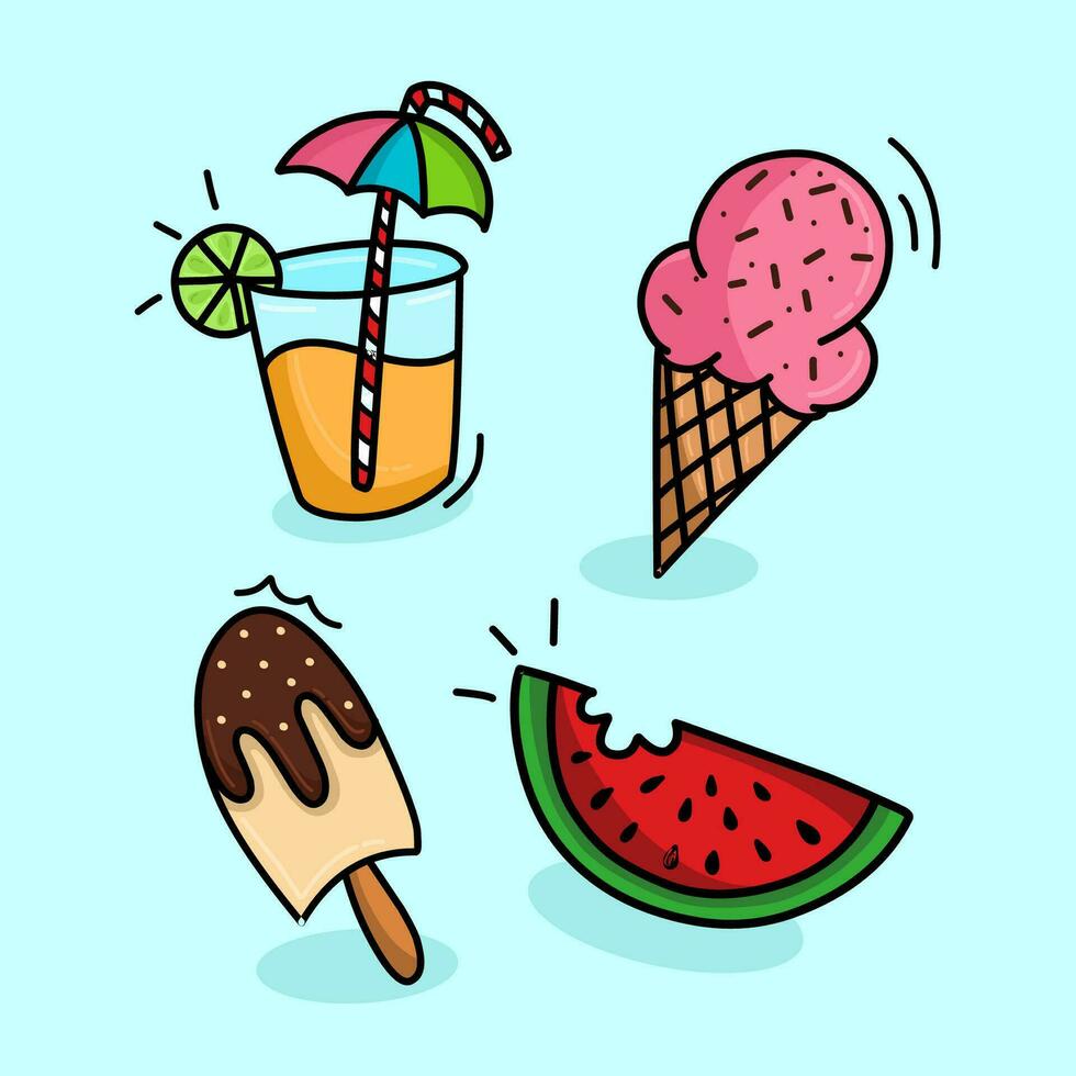 estate cibo impostare. disegno cartone animato stile. anguria, ghiaccio crema, ghiacciolo, bevanda e limonata vettore