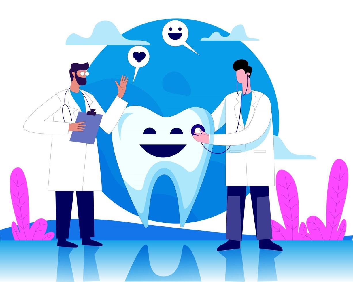 vettore di concetto dell'illustrazione dei grandi denti di trattamento del medico del dentista