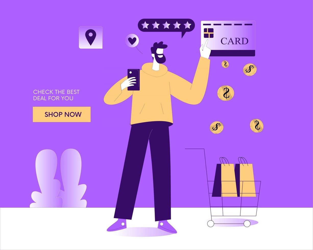 uomo, shopping online, e, pagamento, con, carta credito, illustrazione, concetto, vector