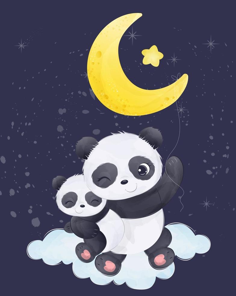 carino mamma e bambino panda in illustrazione ad acquerello vettore