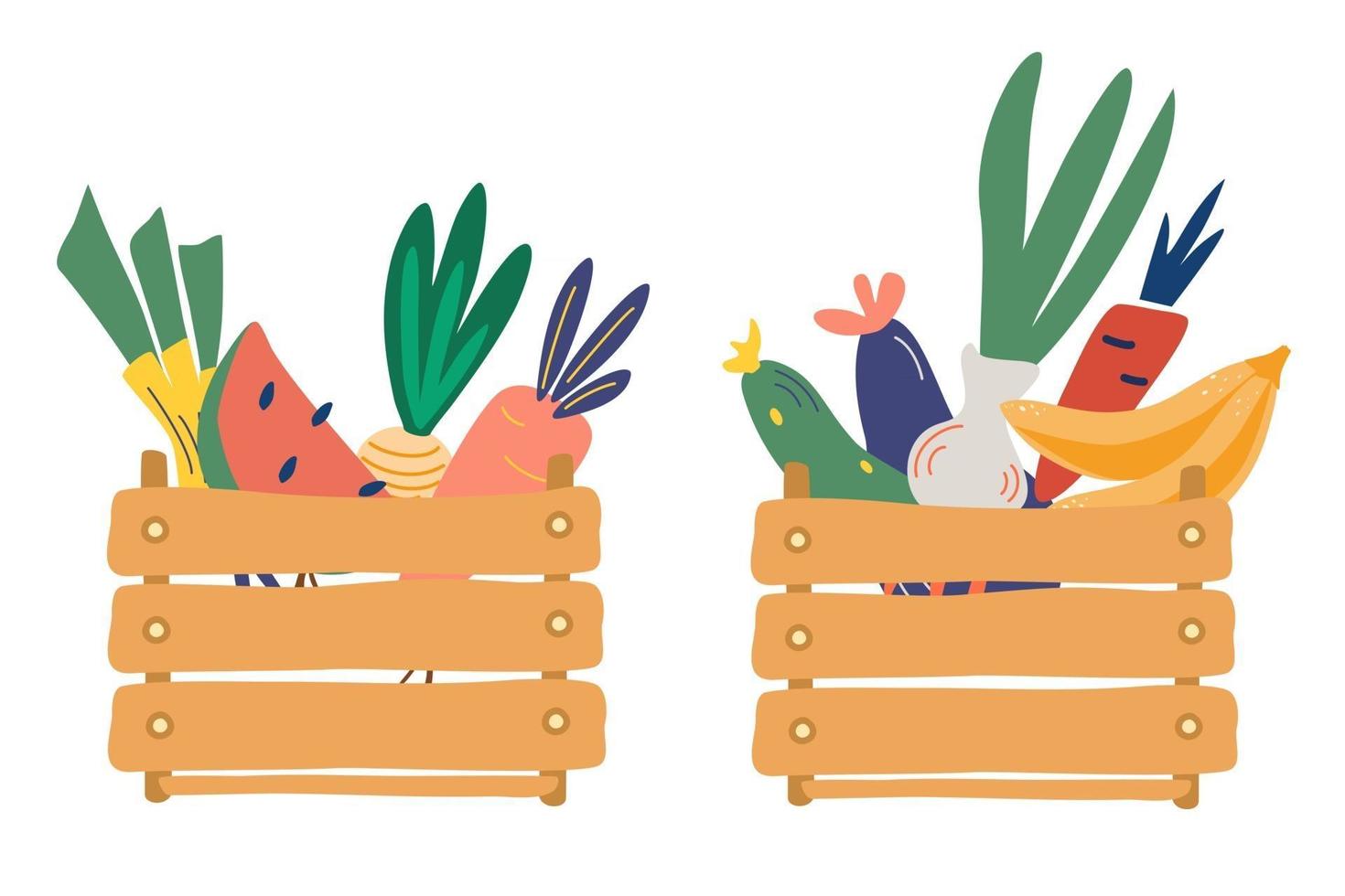 scatole di legno con frutta e verdura. cibi freschi e naturali. dieta e modello di alimenti biologici. mercato degli agricoltori. il concetto della festa del raccolto. piatto colorato di vettore del fumetto.