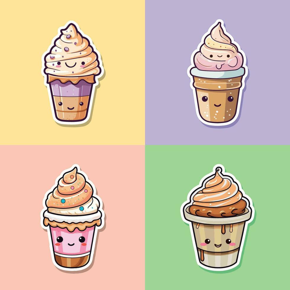 caffè ghiaccio crema etichetta freddo colori kawaii clip arte illustrazione collezione vettore