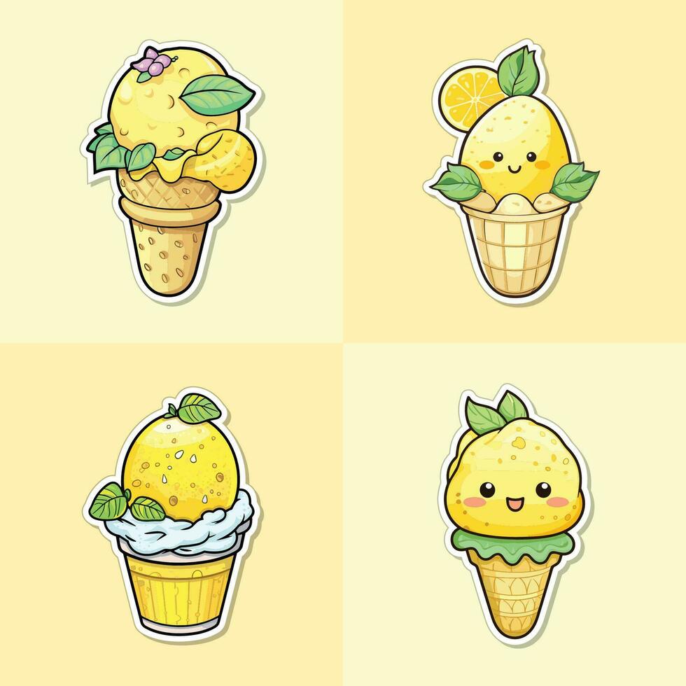 Limone sorbetto etichetta freddo colori kawaii clip arte illustrazione collezione vettore