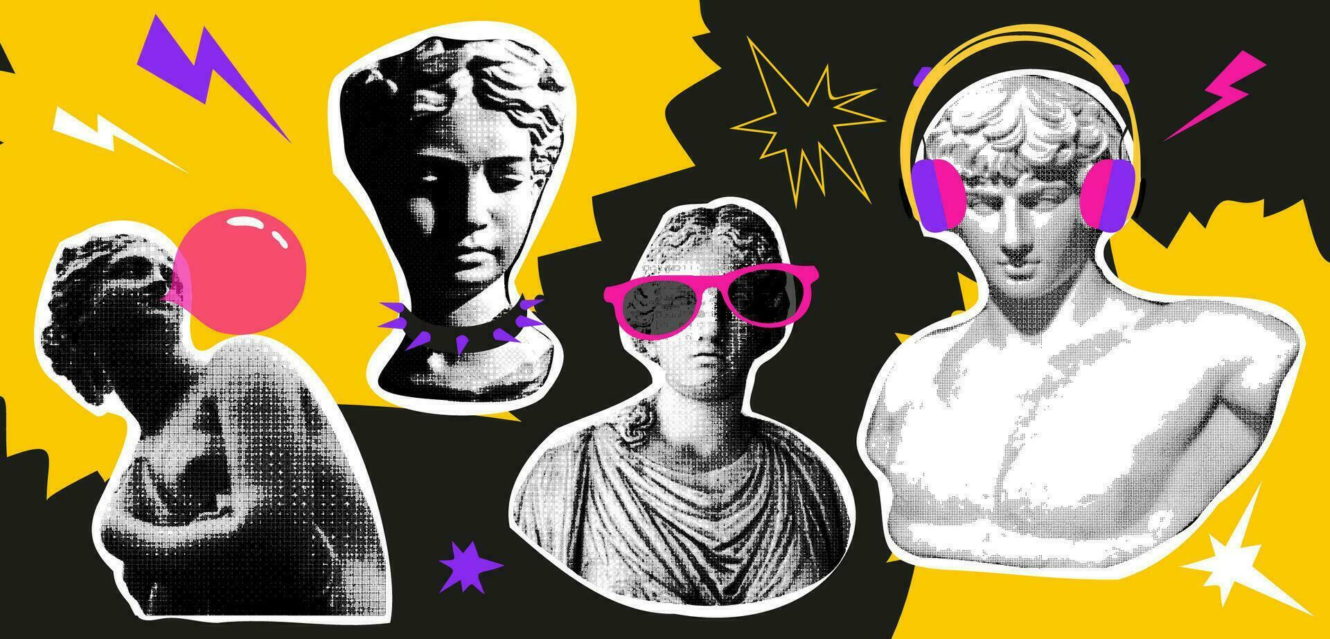 collage design elementi nel di moda tratteggiata pop arte stile. retrò mezzitoni effetto. impostato di statue con retrò elementi di il anni '90.vettore illustrazione con Vintage ▾ grunge punk ritagliare forme vettore