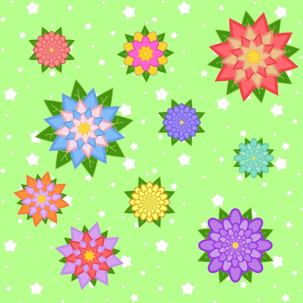 una serie di bellissimi fiori colorati su uno sfondo di stelle verdi. dieci varianti. adatto per il disegno. vettore