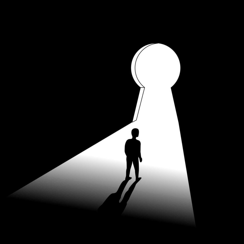 vettore illustrazione di nero uomo in piedi nel un' buio camera nel davanti di il porta buco della serratura forma. un' persona risolto problema. leggero brillare in il buio stanza.concetto di attività commerciale.