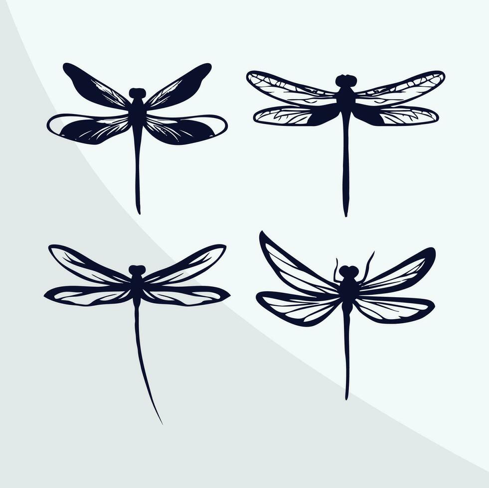 libellula silhouette vettore disegno impostato