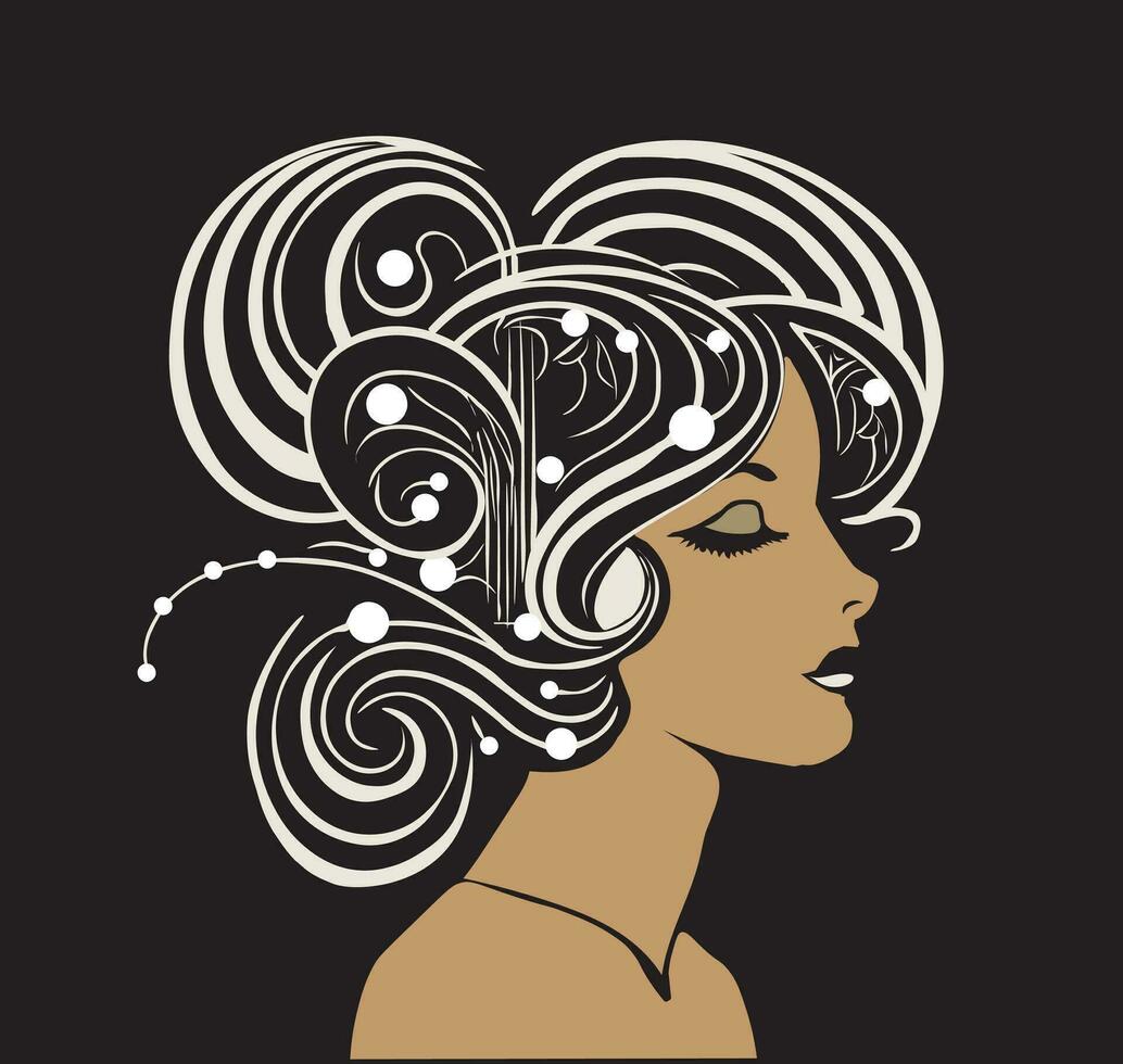 arte nuovo, deco stile illustrazione di un' nero donna con turbine capelli stile, perla capelli Accenti vettore