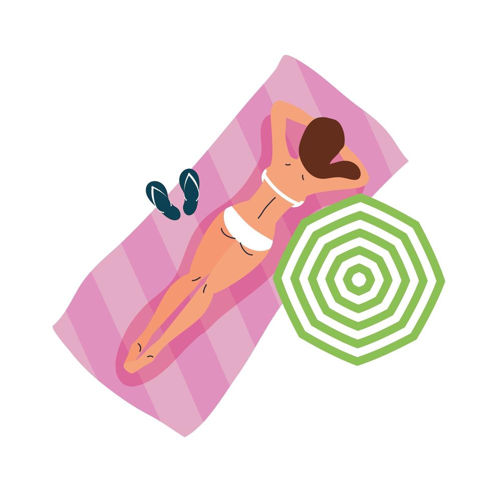 cartone animato ragazza con bikini e ombrello sul disegno vettoriale asciugamano