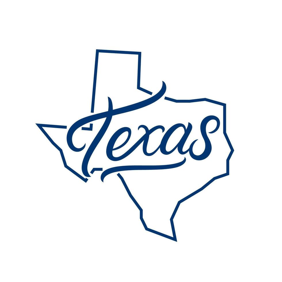 Texas mano scritto lettering logo, emblema, etichetta con carta geografica. Stampa per tee, tipografia. Stati Uniti d'America Texas calligrafia design. vettore illustrazione.