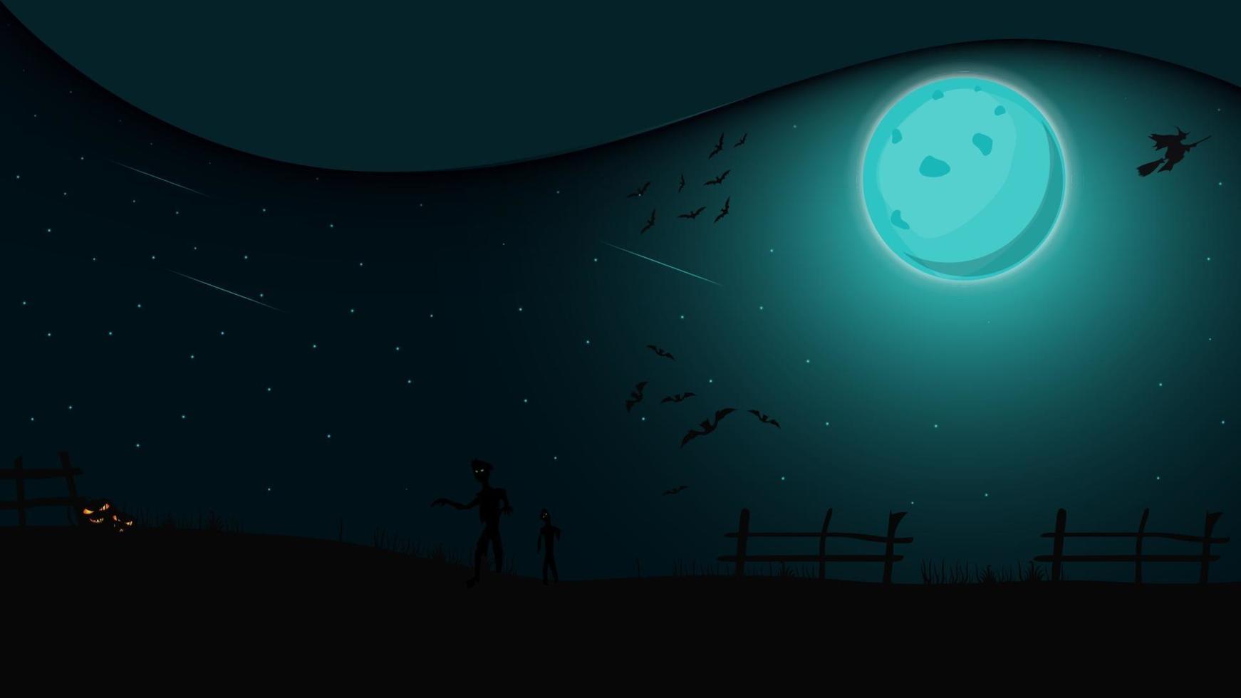 notte di halloween, paesaggio notturno con luna piena, streghe e zombie vettore