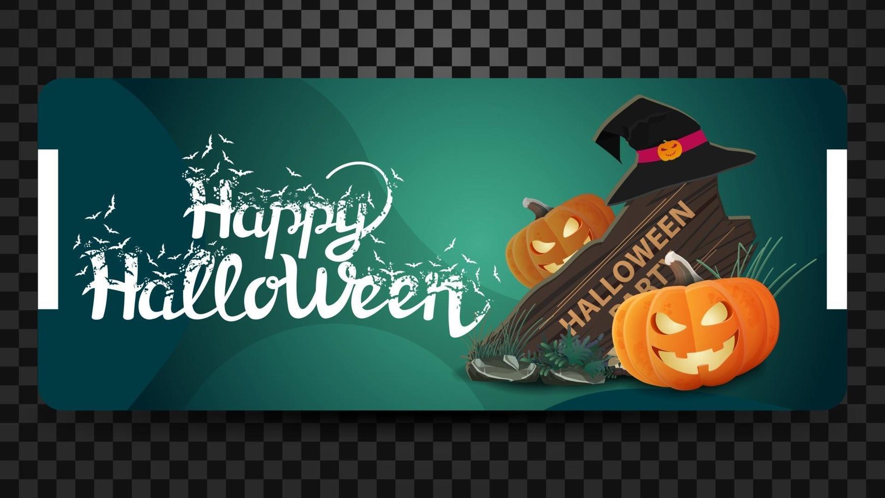 buon halloween, saluto grren cartolina orizzontale, design moderno con scritte, cartello in legno, cappello da strega e jack zucca vettore